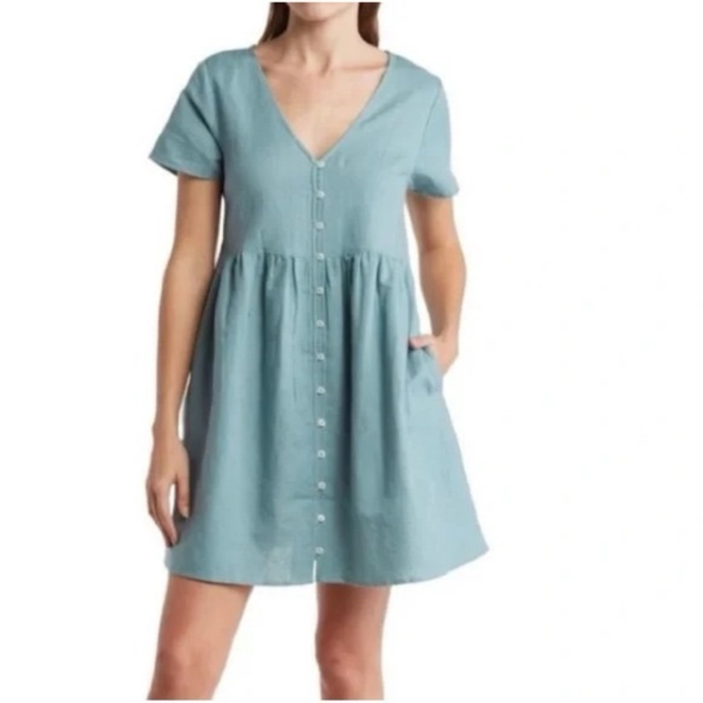 Madewell Women’s Teal Button-Down Mini Dress Size XS Short Sleeve V Neck